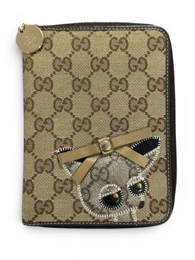 Gucci Guccioli Dog GG Monogram Tan Canvas & Brown Leather Agenda Organizer